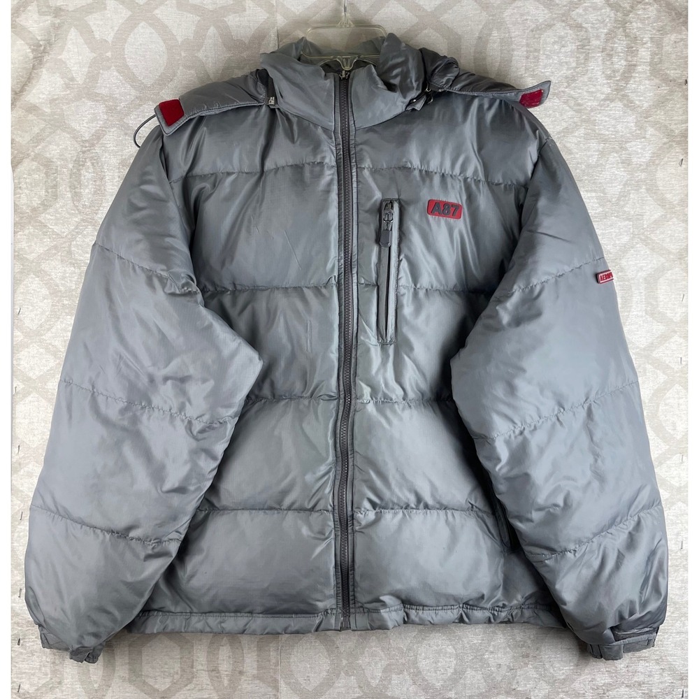 Aeropostale‎ A87 Puffer Jacket Mens Medium Gray Down Feather Hooded Ripstop Coat